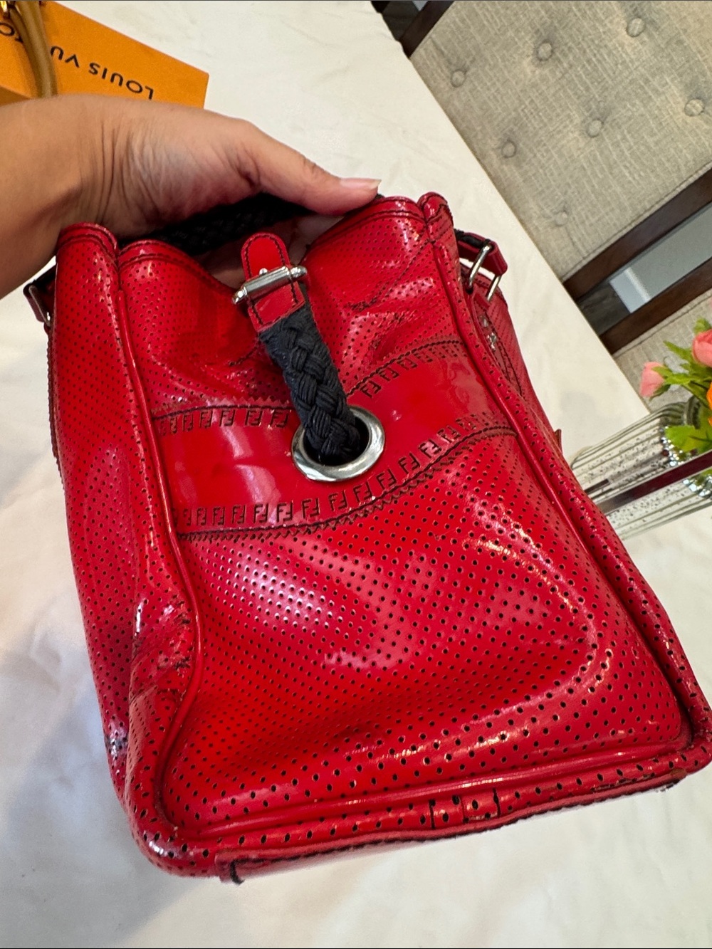 Authentic Fendi Red Patent Satchel with Black Braided Handles - Picture 5 of 17